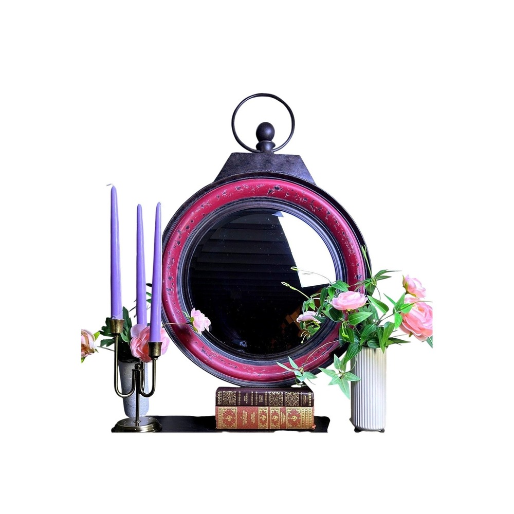 Large 24" Industrial Round Mirror Gothic Distressed Black & Red Metal Accent